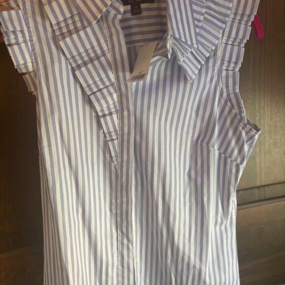 Banana Republic Periwinkle Stripe Ruffle Neck Poplin Sleeveless Blouse Size 4 - Picture 2 of 11